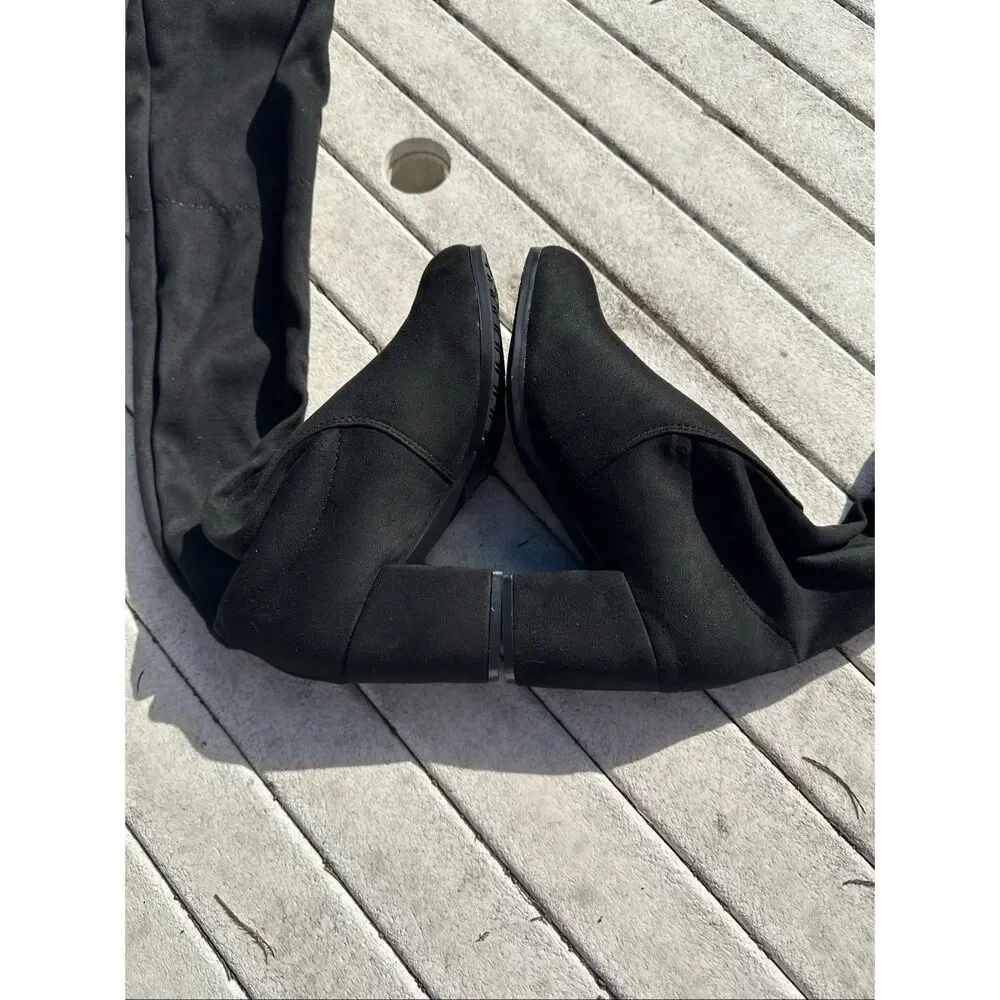 Black Velvet Over The Knee Boots Block Heel Size 7 New Sexy Chic OTK
